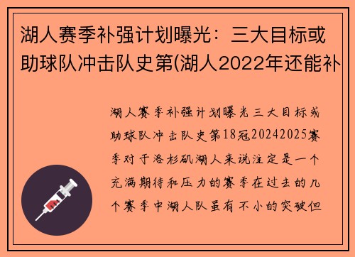 湖人赛季补强计划曝光：三大目标或助球队冲击队史第(湖人2022年还能补强)