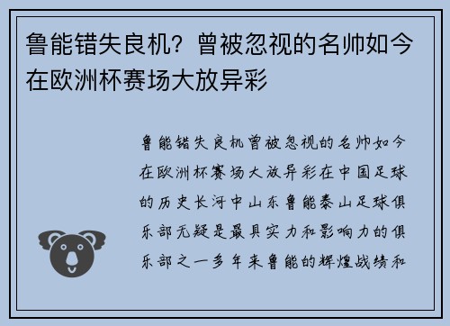 鲁能错失良机？曾被忽视的名帅如今在欧洲杯赛场大放异彩