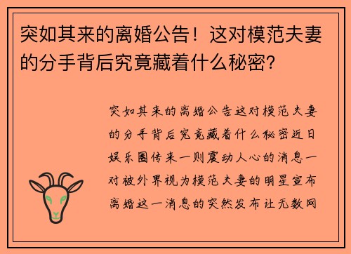 突如其来的离婚公告！这对模范夫妻的分手背后究竟藏着什么秘密？